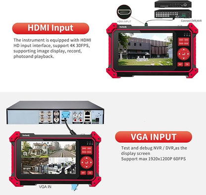 Rsrteng CCTV Tester Monitor Auto HD Coaxial Camera Tester 4K 8MP TVI/CVI/AHD/CVBS Video Monitor 5 inch TFT-LCD Screen Support Cable Tester, HD VGA Input PTZ Control RS485 OSD Menu DC12V Power Output