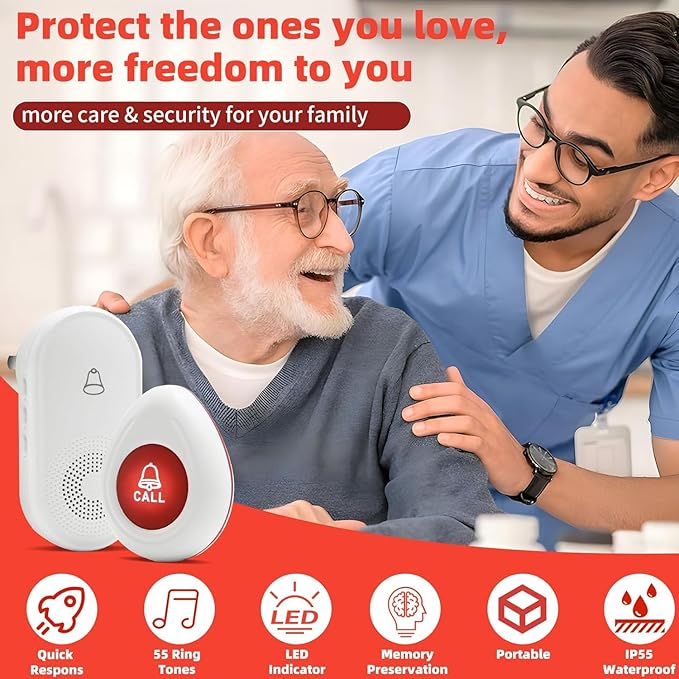 Wireless Caregiver Pager SOS Call Button for Elderly Monitoring 1000+ Feet Life Alert，Emergency Alert System Call Bell for Nurse Patient Disabled 2 Waterproof Transmitter & 2 Plugin Receiver