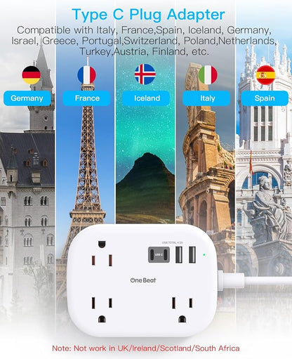 One Beat European Travel Plug Adapter with 3Ft Extension Cord, US to Europe