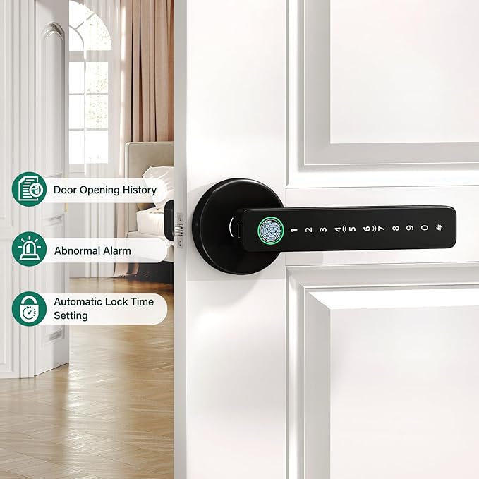 Keyless Entry Fingerprint Smart Door Lock with Handle, Digital Electronic Lock with Touchscreen Keypad, Door Locks for Bedrooms/Front Door/Apartment, Generate Password Remotely