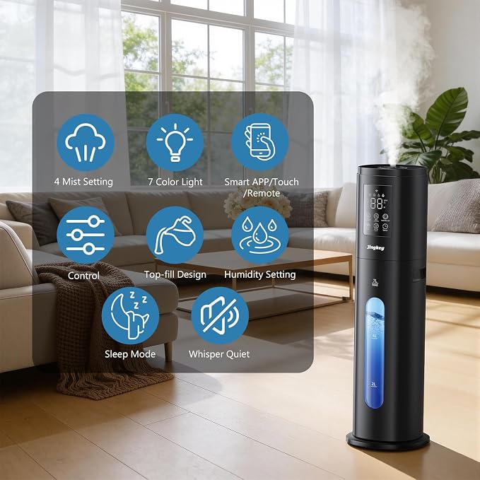 Humidifiers for Bedroom Large Room Humidifiers for Home,7L/1.85Gal Large Humidifier with Smart App & Remote Control, 4 Mist Levels Cool Mist Humidifiers Black