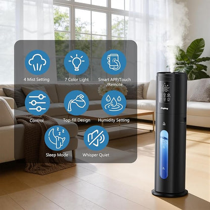 Humidifiers for Bedroom Large Room Humidifiers for Home,7L/1.85Gal Large Humidifier with Smart App & Remote Control, 4 Mist Levels Cool Mist Humidifiers Black
