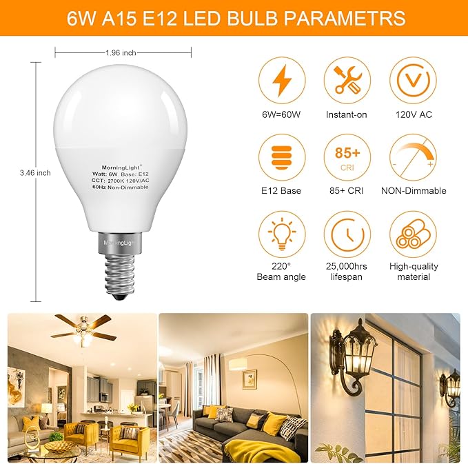 MorningLight E12 LED Bulbs 60W Equivalent, 2700K Warm White, E12 Small Base Candelabra Round Light Bulb, 600LM, Non-Dimmable, A15 Light Bulb for Ceiling Fan, Modern & Rustic Lighting Fixtures, 6 Pack