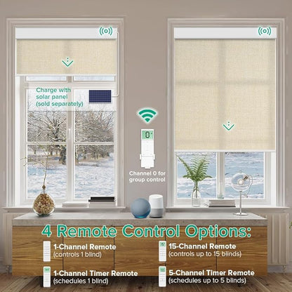 Motorized Roller Shades, Light Filtering Remote Control Custom Window Shades Compatible with Alexa Google Assistant via RF Hub, Rechargeable Electric Blinds for Windows (Beige)