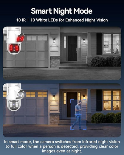 Dual Lens Solar Security Cameras Wireless Outdoor, 4MP 360° Pan/Tilt WiFi Camera with Auto Tracking, Color Night Vision, PIR Alarm, Two-Way Audio, Easy Install for Home Security