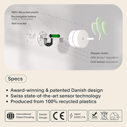 Birdie 2.0 - Design Indoor CO2 Monitor for House Burping - Air Quality Meter for Home & Office -Visual Air Quality Sensor for Fresh Air - Wall Mounted -Swiss Sensor Technology-Meadow, FullBirdie