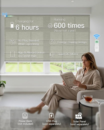 Motorized Roman Shades for Windows, Custom Light Filtering Roman Blinds with Remote, Smart Privacy Window Shades for Living Room Kitchen Office, Alexa & Google Home Compatible, App Control via RF Hub