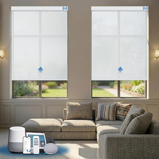 Motorized Solar Shades, Light Filtering Smart Blinds for Windows Automatic Blinds Compatible with Alexa, Falme Resistant Roller Shades Customized for Office Living Room (3% Openness White)
