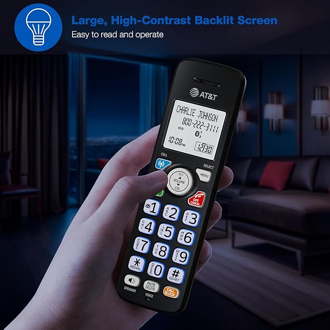 AT&T DL72279 2-Handsets DECT 6.0 Cordless Landline Phone with Bluetooth Connect to Cell, Smart Call Blocker, Digital Answering System, Big Buttons, Unsurpassed Range & ECO Mode