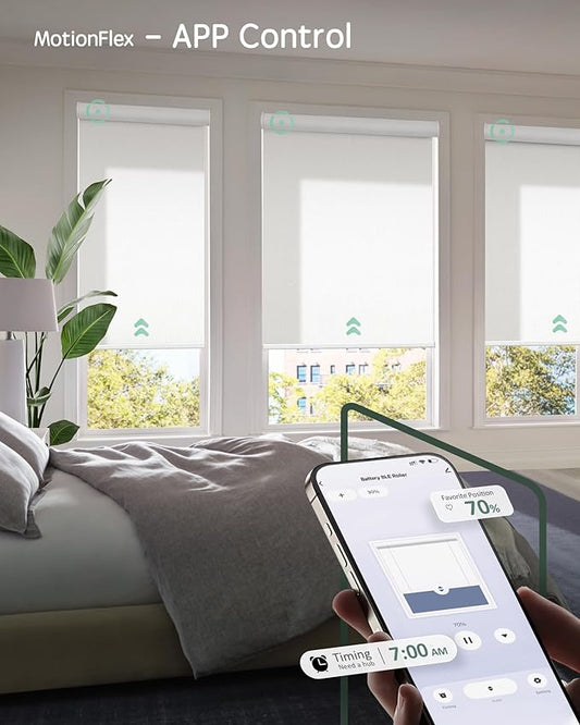 Yoolax Motorized Shades Dual Control, MotionFlex Motorized Roller Shades with App & Manual Control, Pull Down Automatic Shades for Indoor Windows, Custom Size(Light Filtering Pure White)