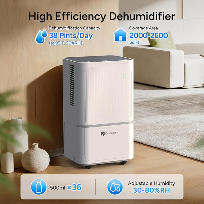 DR.PREPARE 2000-2600 Sq.Ft Dehumidifier for Home with Drain Hose, 38 Pints/Day Dehumidifier for Basement, Bedroom, Bathroom, Dry Clothes, Intelligent Humidistat, 3 Modes, 24H Timer, 0.53 Gal Bucket