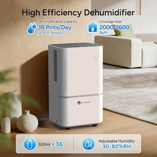 DR.PREPARE 2000-2600 Sq.Ft Dehumidifier for Home with Drain Hose, 38 Pints/Day Dehumidifier for Basement, Bedroom, Bathroom, Dry Clothes, Intelligent Humidistat, 3 Modes, 24H Timer, 0.53 Gal Bucket