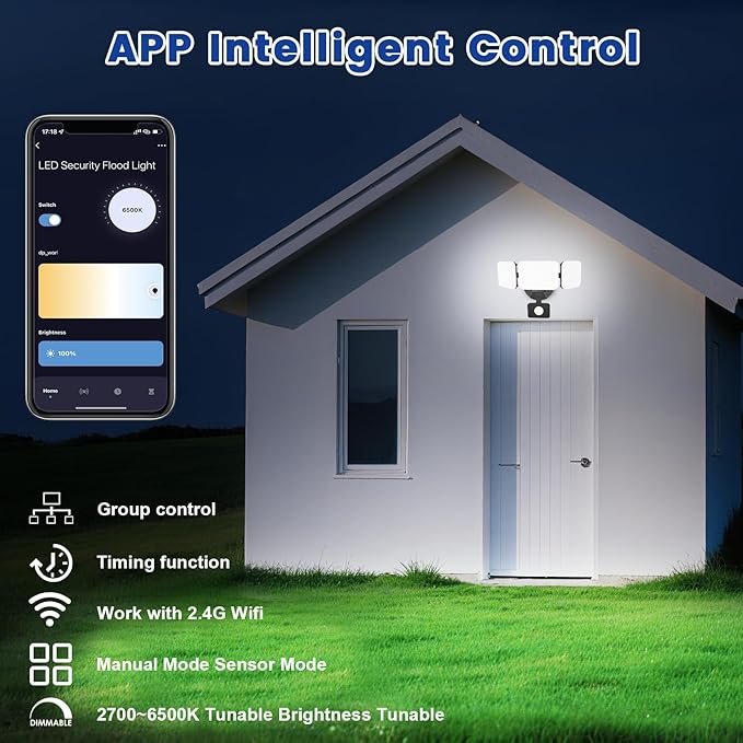 EMANER Smart Security Light Motion Sensor, Compatible with Alexa/Google Home, 2800LM Warm White to Daylight White Brightness Adjust, App Controlled WiFi Flood Light (Black, 2-Pack)