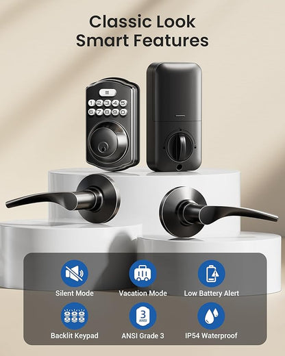 Veise Keyless Entry Door Lock with 2 Lever Handles - Electronic Keypad Deadbolt, Easy Installation Digital Smart Front Door Lock Set, Matte Black
