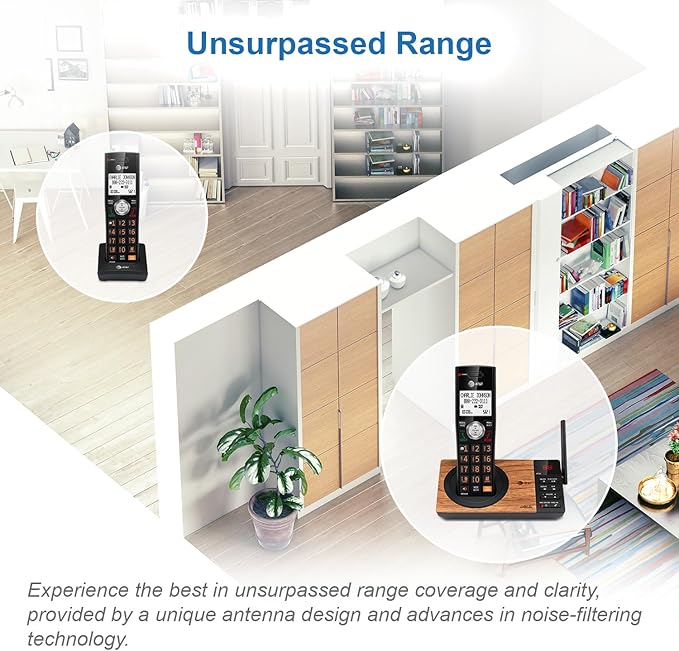 AT&T CL82267 DECT 6.0 2-Handset Cordless Phone for Home with Answering Machine, Call Blocking, Caller ID Announcer, Intercom and Long Range, Black & Wood Grain Finish
