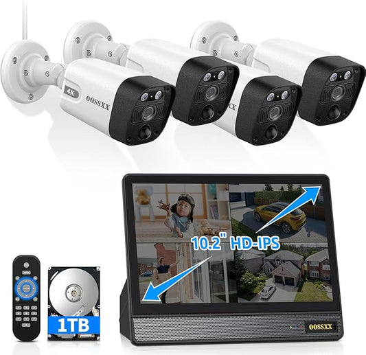 OOSSXX (2026 New) 4K PoE Security Camera System Outdoor, 8CH NVR with 10" IPS Monitor & 1TB HDD, 4 Cameras, 130° Wide Angle, AI Human Detection, Two-Way Audio, No Monthly Fee