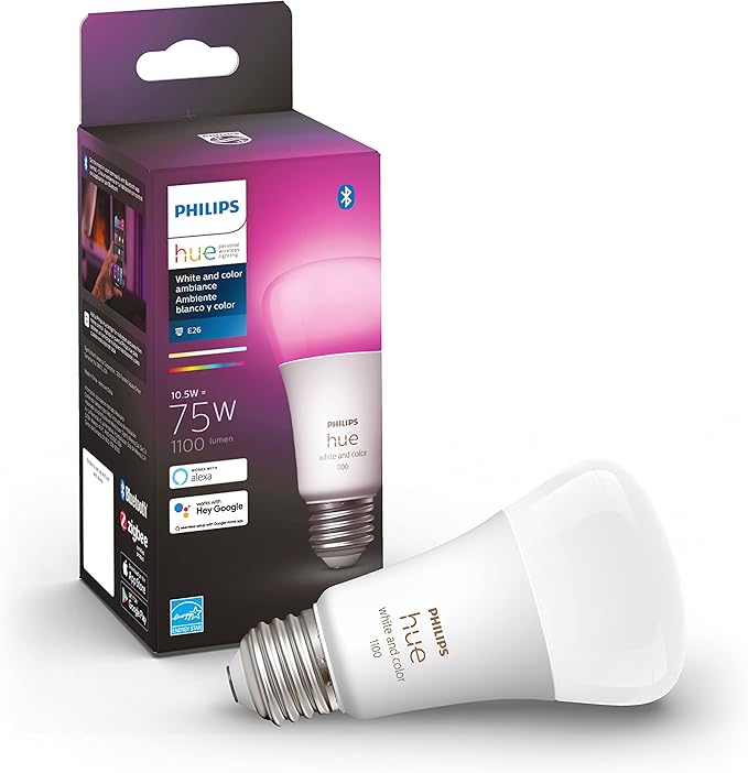 Philips Hue Smart 40W B39 Candle and 75W A19 LED Bulbs Bundle - White and Color Ambiance Color-Changing Lights - 1 Pack Each - 450LM and 1100LM