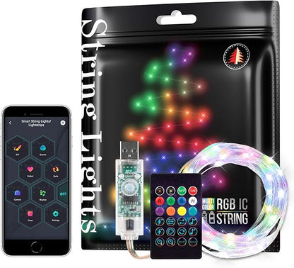 Smart Fairy String Lights RGB IC WS2812B IC 6.5FT USB Bluetooth Twinkle with Timer and Remote, Music Sync Funny Modes Color Chasing Firefly Lights for Room Curtain Christmas Wedding Party Decor IP65