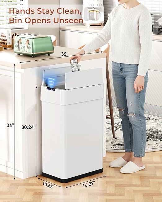 TLSUNNY 18.5 Gallon Automatic Trash Can, Stainless Steel Motion Sensor Garbage bin, Smart Trash Can W/Butterfly Lid, Bag Retainer Ring and Display Light for Living Room,Kitchen,Office (White, 70L)