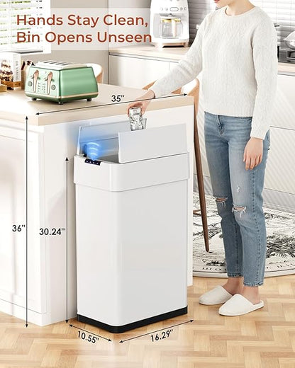 TLSUNNY 18.5 Gallon Automatic Trash Can, Stainless Steel Motion Sensor Garbage bin, Smart Trash Can W/Butterfly Lid, Bag Retainer Ring and Display Light for Living Room,Kitchen,Office (White, 70L)
