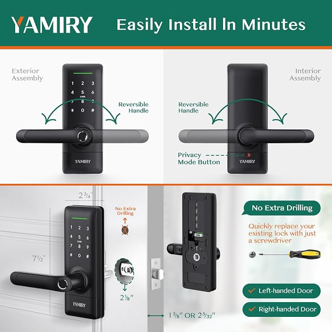 Yamiry Smart Door Lock, Biometric Fingerprint, Keyless Entry, App Control, 6 Ways to Unlock, DIY Installation, Black