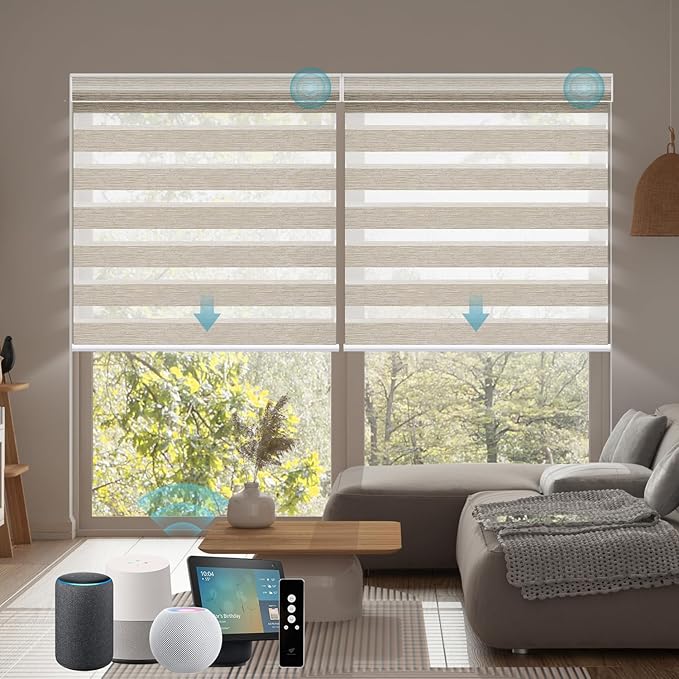 SmartWings Motorized Zebra Blinds with Remote, Custom Size Smart Electric Roller Shades for Windows, Automatic Light Filtering Dual Layer, Cordless Battery Motor, 95mm 60% Blackout Gold