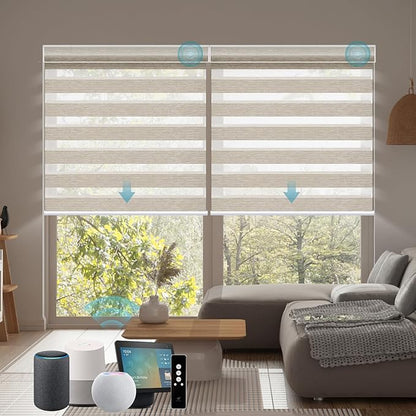SmartWings Motorized Zebra Blinds with Remote, Custom Size Smart Electric Roller Shades for Windows, Automatic Light Filtering Dual Layer, Cordless Battery Motor, 95mm 60% Blackout Gold