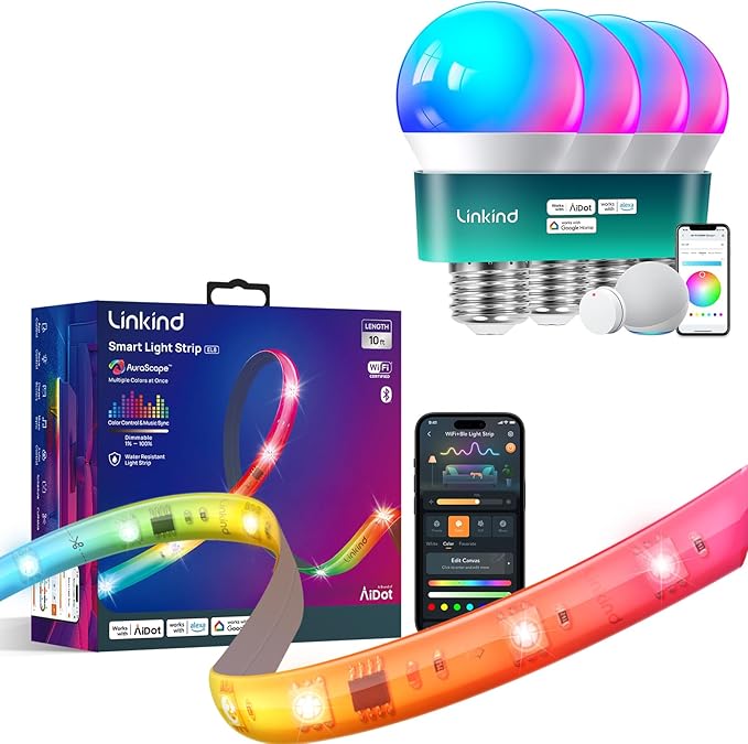 Linkind WiFi Smart Light Bulbs 4 Pack with Remote Control and LED Strip Lights RGB 10ft Compatible with Alexa and Google Home