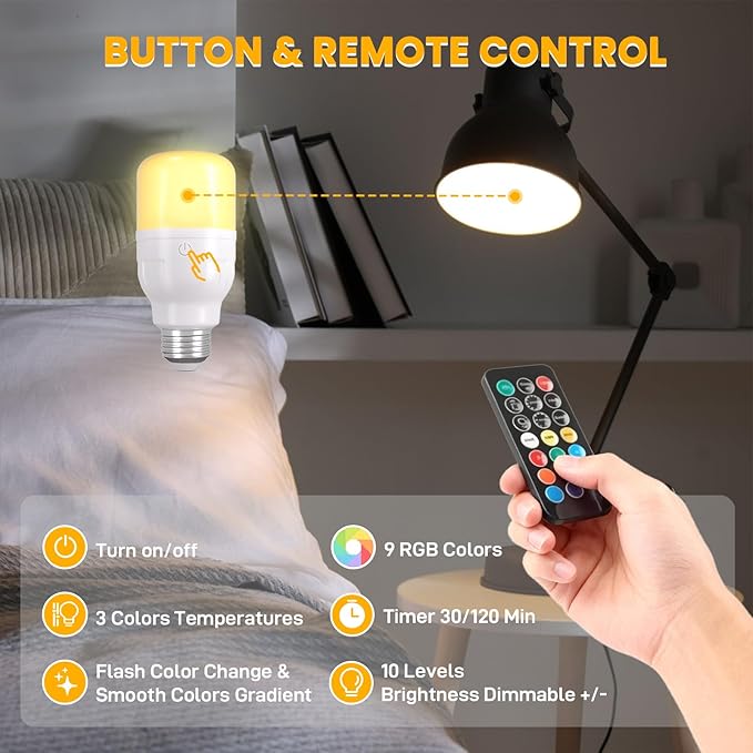 Rechargeable Light Bulb 2-Pack, Battery Operated E26 LED Bulb with Magnetic Base, RGB Color Changing + 3 Color Temps, Remote Control & Timer, Emergency & Portable Light for Power Outage Camping