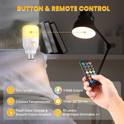 Rechargeable Light Bulb 2-Pack, Battery Operated E26 LED Bulb with Magnetic Base, RGB Color Changing + 3 Color Temps, Remote Control & Timer, Emergency & Portable Light for Power Outage Camping