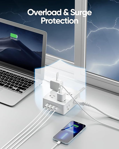 Surge Protector Power Strip 15 ft Cord, Olcorife Ultra Thin Flat Plug Extension Cord, 8 Outlets 4 USB Ports(1 USB C), Flat Plug Outlet Extender, College Dorm Room Essentials, White