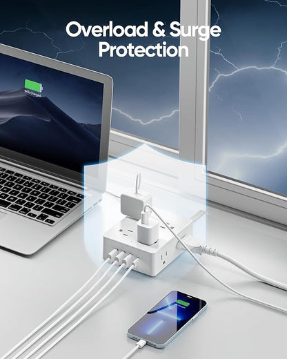 Surge Protector Power Strip, Olcorife 20ft Long Extension Cord with 8 Outlets 4 USB Ports(1 USB C), Flat Wall Plug Outlet Extender, College Dorm Room Essentials, White