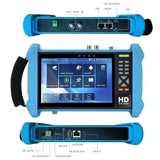 Koolertron 7" IPS Touch Screen 4K H.265 IP Camera Tester - POE/WiFi, CVBS Analog Tester, HDMI Output, RJ45 TDR, 8GB TF Card, Dual Window Test, Firmware Upgrade