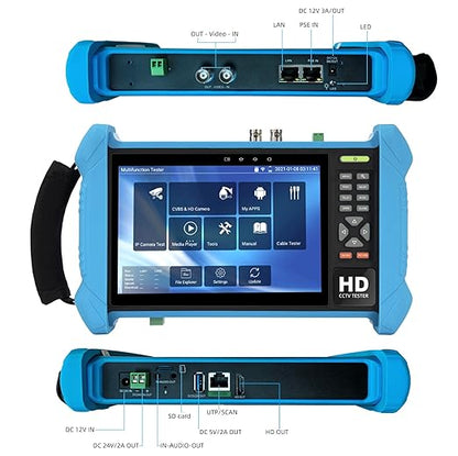 Koolertron 7" IPS Touch Screen 4K H.265 IP Camera Tester - POE/WiFi, CVBS Analog Tester, HDMI Output, RJ45 TDR, 8GB TF Card, Dual Window Test, Firmware Upgrade