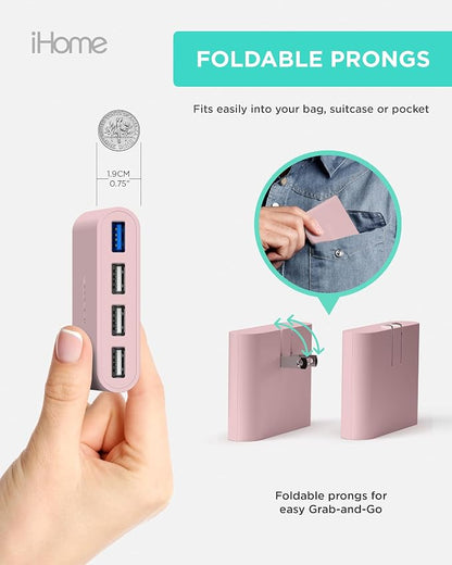 iHome Slim 4-Port USB Wall Charger, Flat Multiport Travel Plug Adapter | Foldable Prongs, 2.4A Rapid Charge Port, Charges iPhone, Android, iPad, AirPods, Travel-Friendly, Charging Block for Home Use