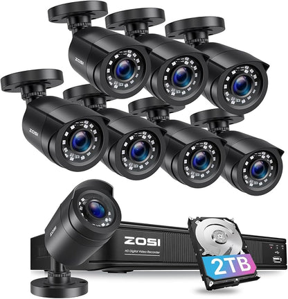 ZOSI H.265+ 1080p Security Camera System Outdoor Indoor, 5MP Lite CCTV DVR 8 Channel with 2TB HDD for 24/7 Record & 8 x 1080p Weatherproof Surveillance Bullet Camera, Remote Access, Motion Detection