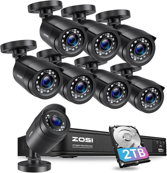 ZOSI H.265+ 1080p Security Camera System Outdoor Indoor, 5MP Lite CCTV DVR 8 Channel with 2TB HDD for 24/7 Record & 8 x 1080p Weatherproof Surveillance Bullet Camera, Remote Access, Motion Detection