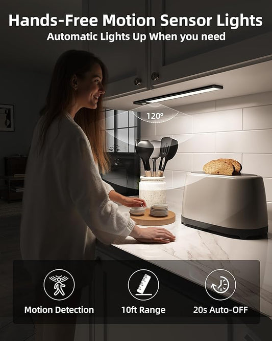 EZVALO Under Cabinet Lights, 1900mAh Rechargeable Motion Sensor Lights Indoor 3 Color Temps, 80 LED Closet Lights Wireless, Dimmable Under Counter Lights for Kitchen, Stairs, Hallway (2 Pack)