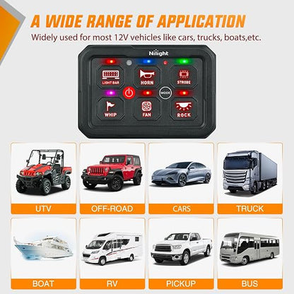 Nilight 6 Gang Switch Panel Green 12V 60A Circuit Control System 4-Mode | Fuse Wiring Harness Automatic Dimmable LED Pod Toggle/Momentary/Strobe/Flash Modes for Car Pickup Truck Camper SUV