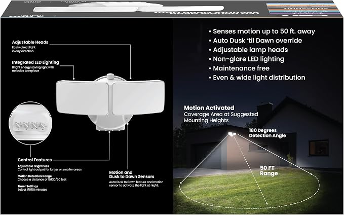 Feit Electric LED Motion Sensor Flood Light, 2000 Lumens Dual-Head Security Light, 5CCT (2700K–6500K), Dusk to Dawn Outdoor Light, Adjustable Brightness, Weatherproof Wall/Eave Mount, S9DFL/5CCT/MM/WH