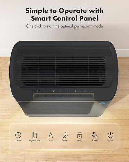 T356 New Black Air Purifier for Home Large Room Bedroom Up to 1937 Ft² in 1 Hr With Double-sided Air Inlet, Air Quality and Light Sensors, HEPA Sleep Mode for Allergies, Dust, Smoke, Pet Hair