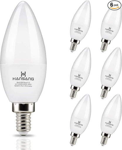E12 Candelabra LED Bulbs 4000K Daylight Ceiling Fan Light Bulb 6W, 60W Equivalent, Type B Light Bulb for Chandelier, C37 600LM,No-Dimmable 6 Pack