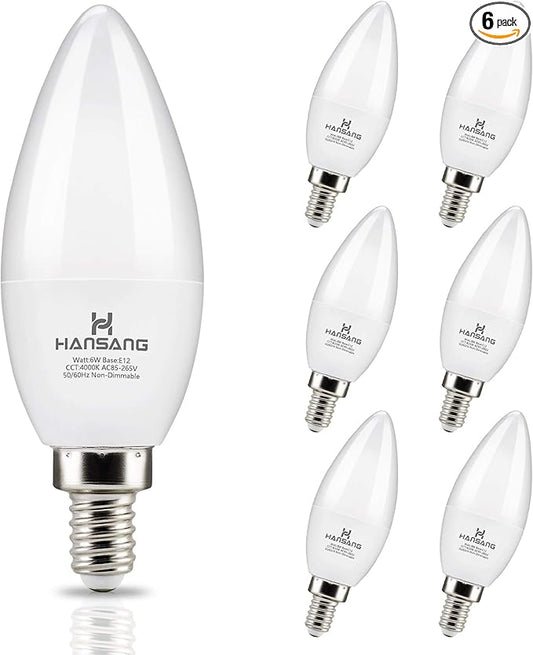 E12 Candelabra LED Bulbs 4000K Daylight Ceiling Fan Light Bulb 6W, 60W Equivalent, Type B Light Bulb for Chandelier, C37 600LM,No-Dimmable 6 Pack