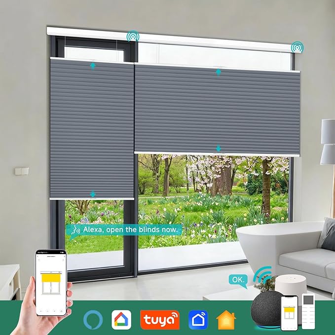 Motorized Top Down Bottom Up Blackout Cellular Shades with Remote, Custom Cordless Smart Honeycomb Blinds, Automatic Electric Window Blinds Work with Alexa Google for Home Office, Grayish Blue