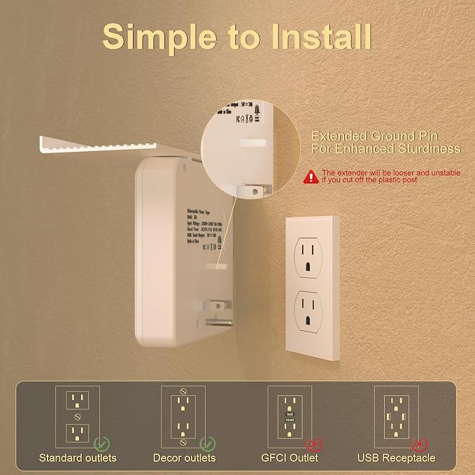 Overtop Power Charger with Shelf,Wall Outlet Extender,Surge Protector 1800J