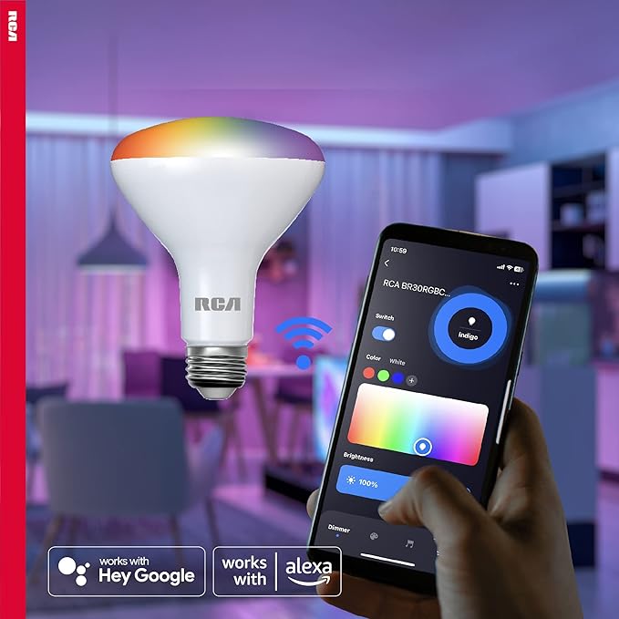 RCA WiFi LED Smart Light Bulb, 1-PK | Indoor Flood Light, 9W (60W Equiv) Multicolor & White LED Light Bulb, Dimmable & Tunable BR30 Smart Bulb, Google & Alexa Light Bulb Compat, Control from Anywhere