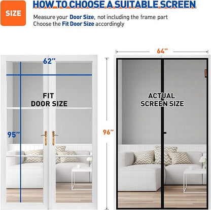 MAGZO Magnetic Screen Door Fit Door Size 62 x 95 Inch, Screen Size 64" x 96" Strong Magnets Mesh, Reinforced Fiberglass Net for Patio and Front Entrances, Gray