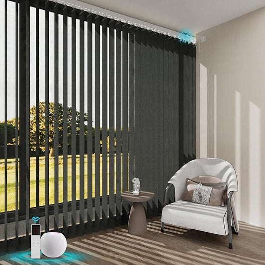 Motorized Sheer Vertical Blinds Work with Alex Google Home, Light Filtering Smart Vertical Blind Sliding Door Blinds Remote Control Blinds for Sliding Glass Door Customize(Elegant Deep Grey)