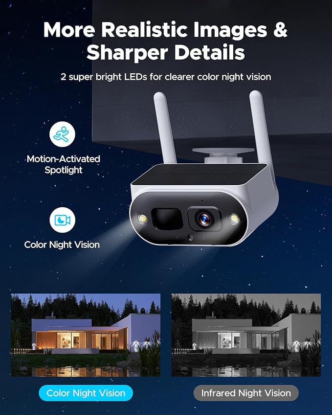 Solar Security Cameras Wireless Outdoor, Quick Installation, No Subscription Cameras for Home Security Camera System, 4MP Color Night Vision, 10CH Expandable, 2.4 & 5GHz WiFi, 4 Cameras with Monitor