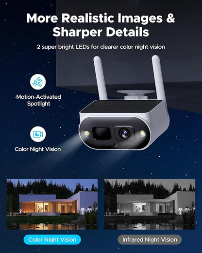 Solar Security Cameras Wireless Outdoor, Quick Installation, No Subscription Cameras for Home Security Camera System, 4MP Color Night Vision, 10CH Expandable, 2.4 & 5GHz WiFi, 4 Cameras with Monitor